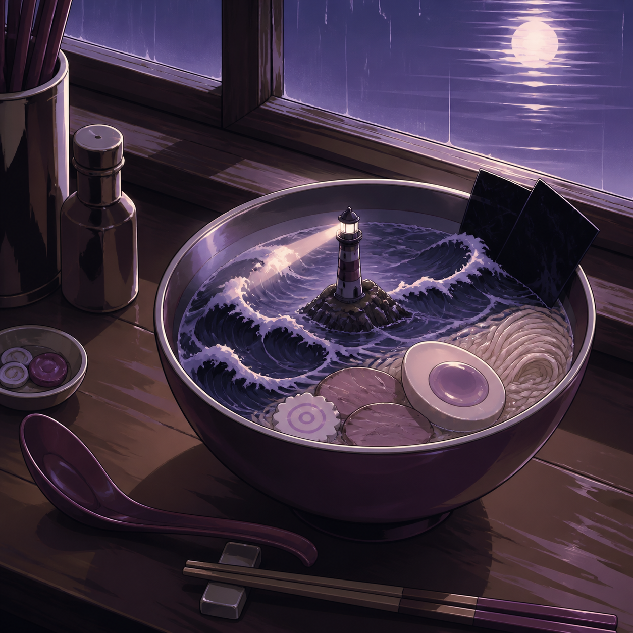 A midnight ramen bowl containing a tiny stormy ocean and lighthouse, arranged on a worn wooden counter beside a rain-streaked window. Carefully composed tabletop still life viewed slightly from above. Mulberry, tea brown