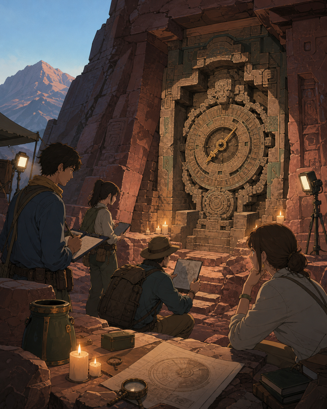 A mountain excavation revealing a ceremonial machine still keeping time, with the team quietly comparing evidence around one central discovery. Wide site view showing the relationship between researchers and discovery. C