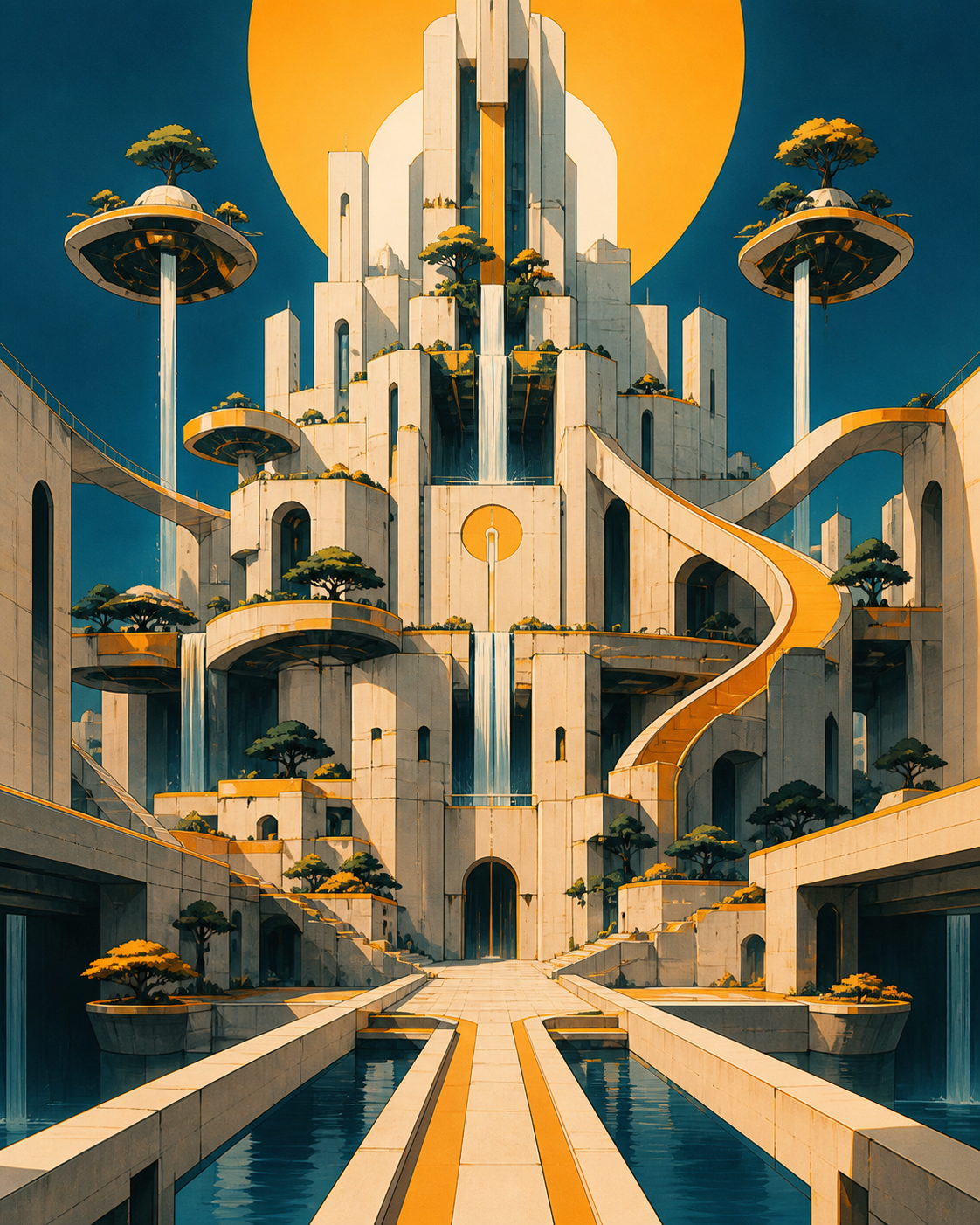 A brutalist monastery softened by waterfalls and floating gardens, shown empty just before its inhabitants wake. Architectural hero view with controlled symmetry and deep spatial layers. Saffron, peacock blue, dark umber