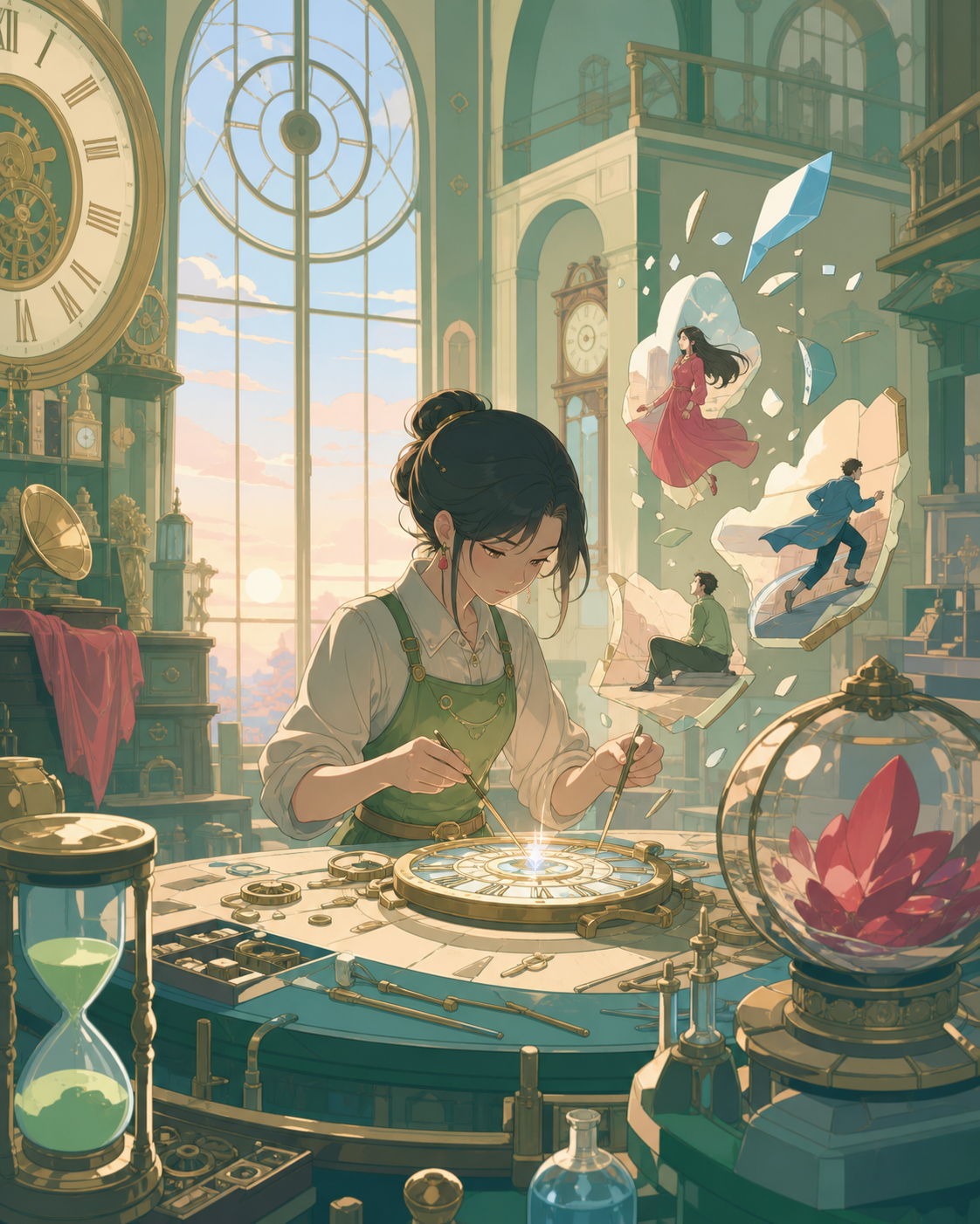 A clock repair shop specializing in broken moments rather than machines, after hours when unfinished creations quietly become active. Room-wide workshop view organized around a strong central craft action. Soft pistachio
