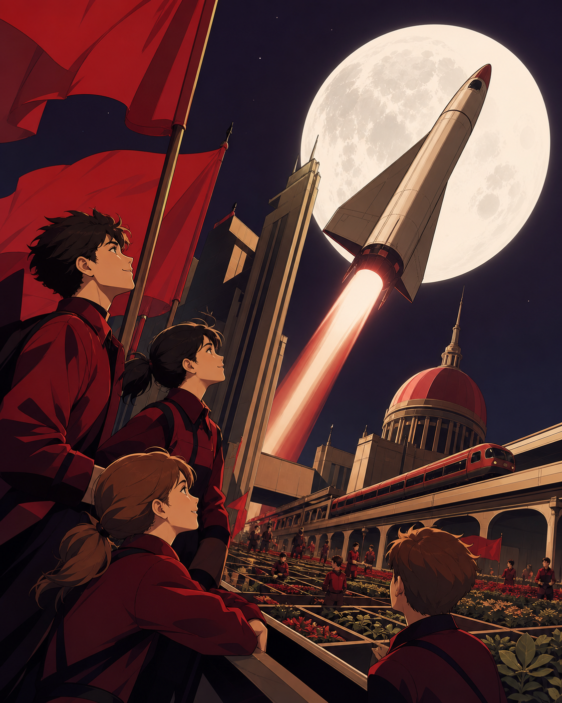 Young scientists launching a reusable spacecraft from a public square, in an alternate twentieth century where ambitious public technology succeeded. Graphic diagonal composition inspired by constructivist cinema. Crimso