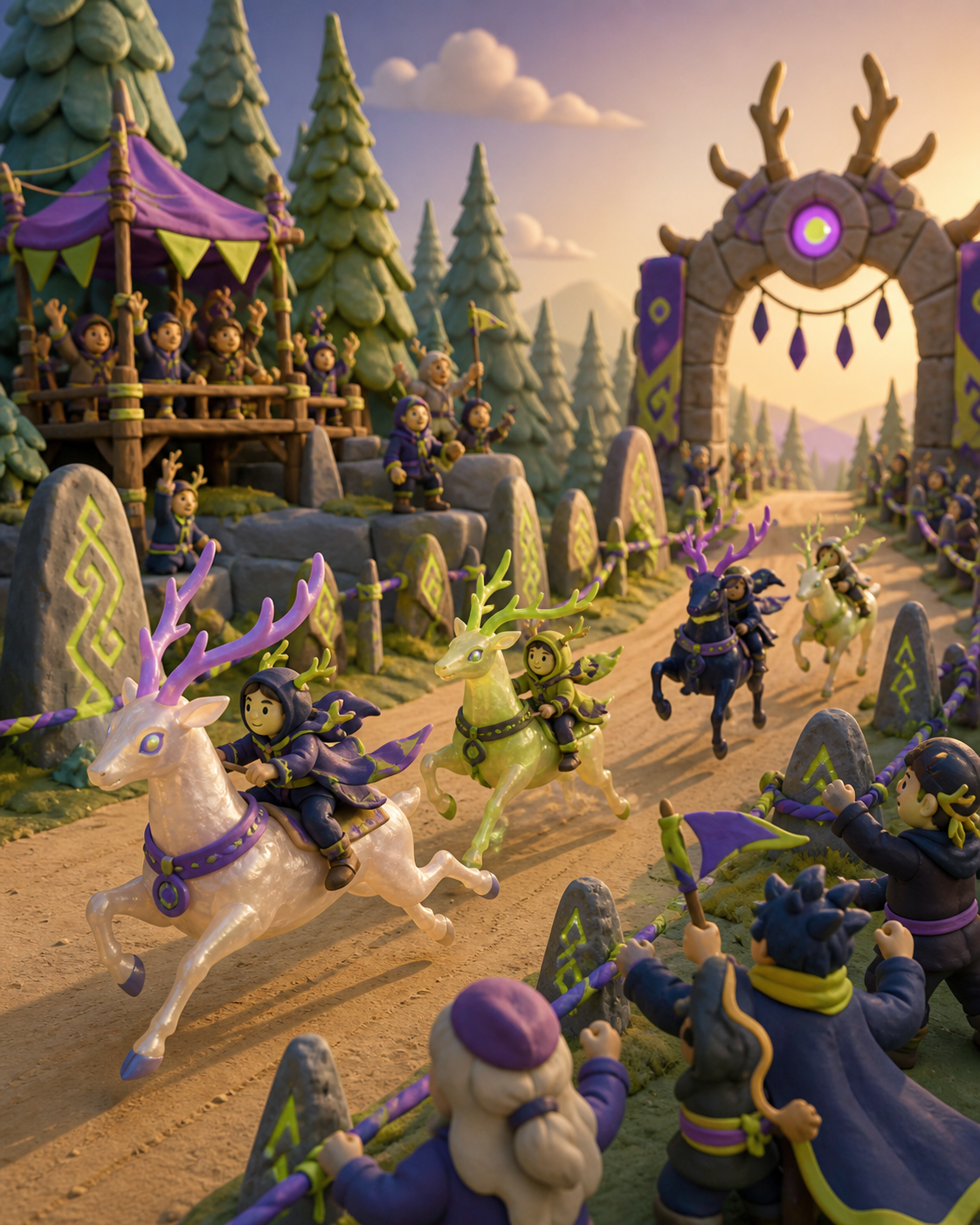 Forest clans guiding antlered racing spirits around ancient markers, at a joyful regional tournament rather than a dangerous battle. Wide lateral race view showing the complete contest and destination. Acid lime, ultravi