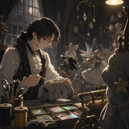 An artisan studio where damaged dreams are repaired with gold thread, after hours when unfinished creations quietly become active. Close observational composition layered with tool