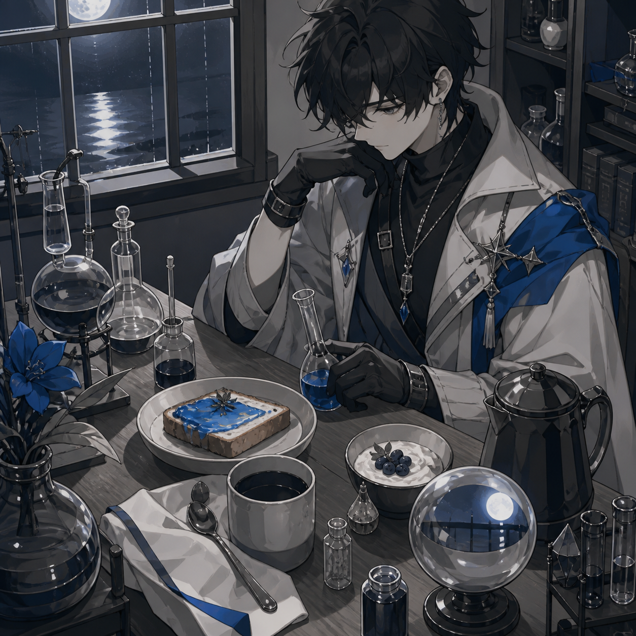 A traveling alchemist's breakfast arranged among curious glass instruments, arranged on a worn wooden counter beside a rain-streaked window. Carefully composed tabletop still life viewed slightly from above. Soft monochr