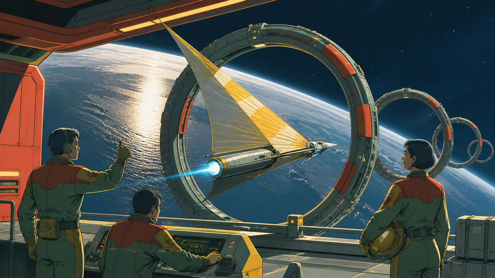 A courier racing a compact solar sailer between moving orbital gates, with vast space balanced by practical human-scale machinery. Wide landing tableau with crew, vessel, and discovery in distinct layers. Clay red, sage,