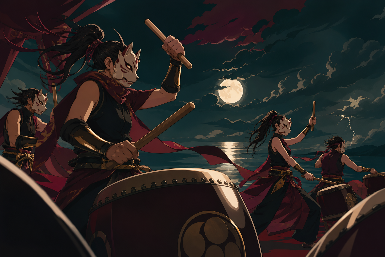 A masked taiko ensemble performing before an approaching summer storm, during a rehearsal that unexpectedly becomes magical. Intimate low-angle concert view with dramatic foreground silhouettes. Burgundy, midnight green,