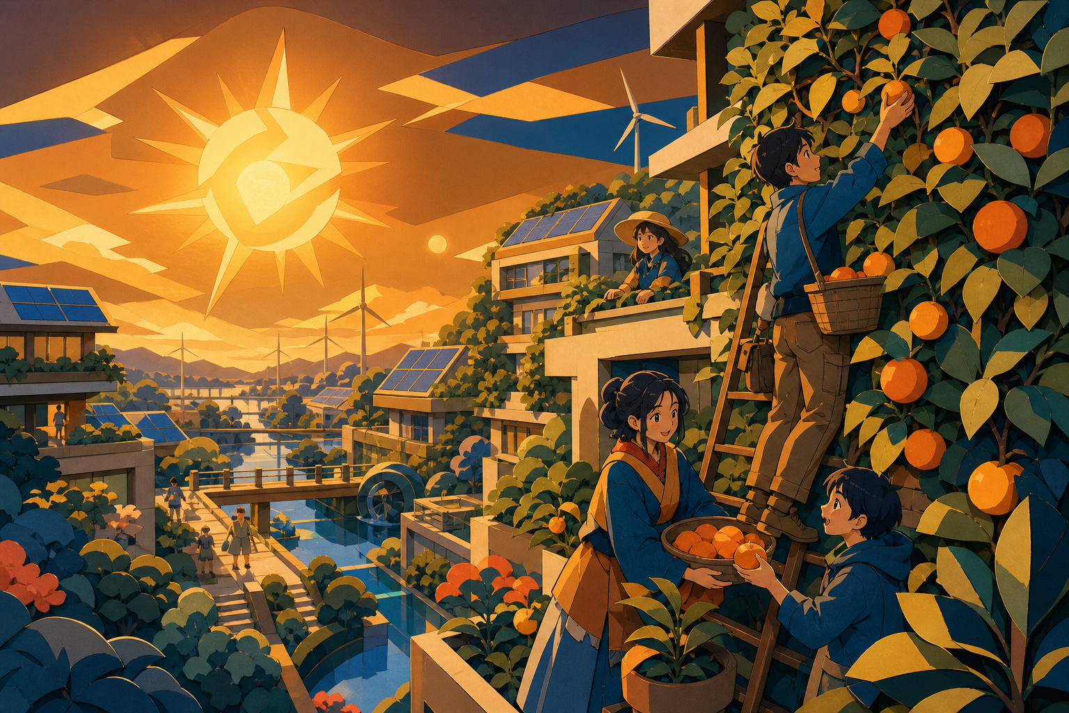 Neighbors harvesting fruit from a vertical apartment orchard, at the completion of a small project that visibly improves daily life. Elevated neighborhood view showing connected sustainable systems. Amber, walnut brown, 