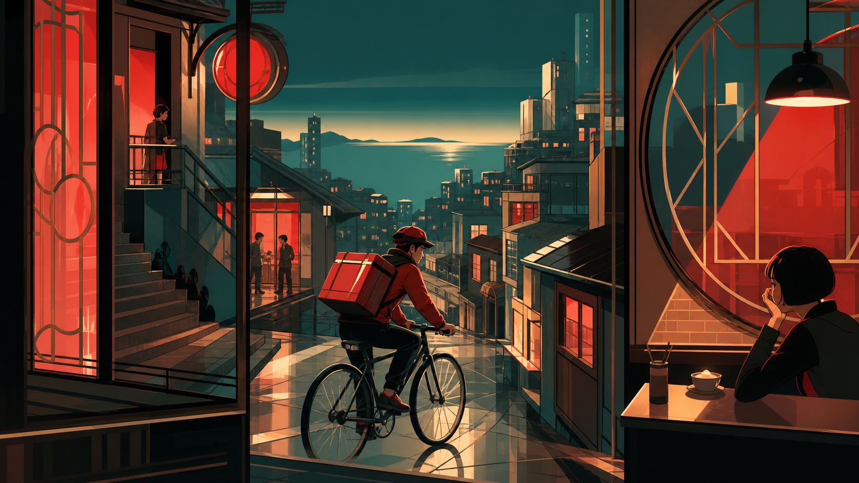 A bicycle courier delivering hot noodles through a steep hillside city, during a quiet weekday hour when the city briefly feels private. Cinematic wide shot composed through windows, signs without readable text, and refl