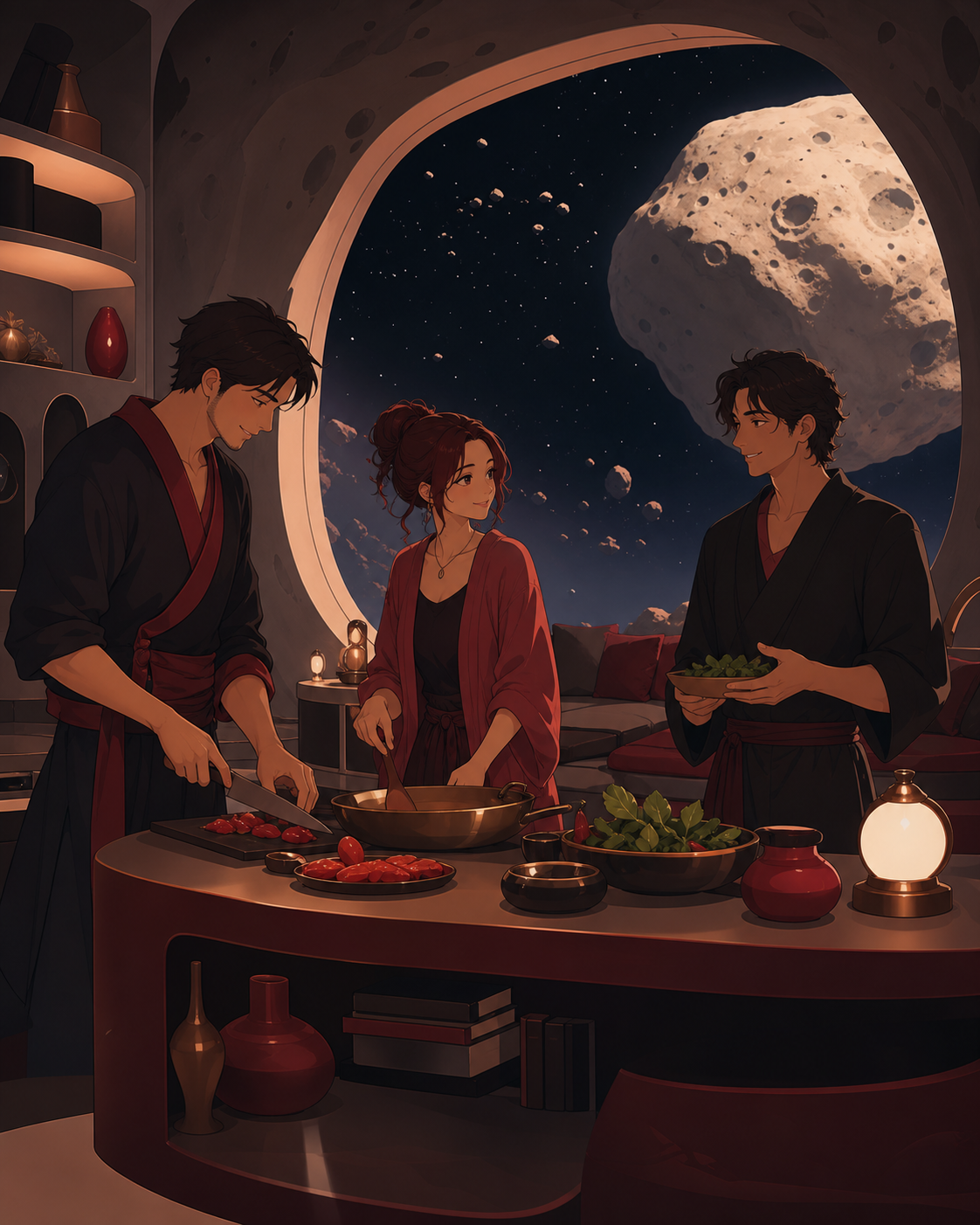 A family of adult siblings preparing dinner in their inherited asteroid home, at the peaceful end of a long work shift. Cozy interior-wide frame with space visible through one large opening. Crimson, black cherry, muted 
