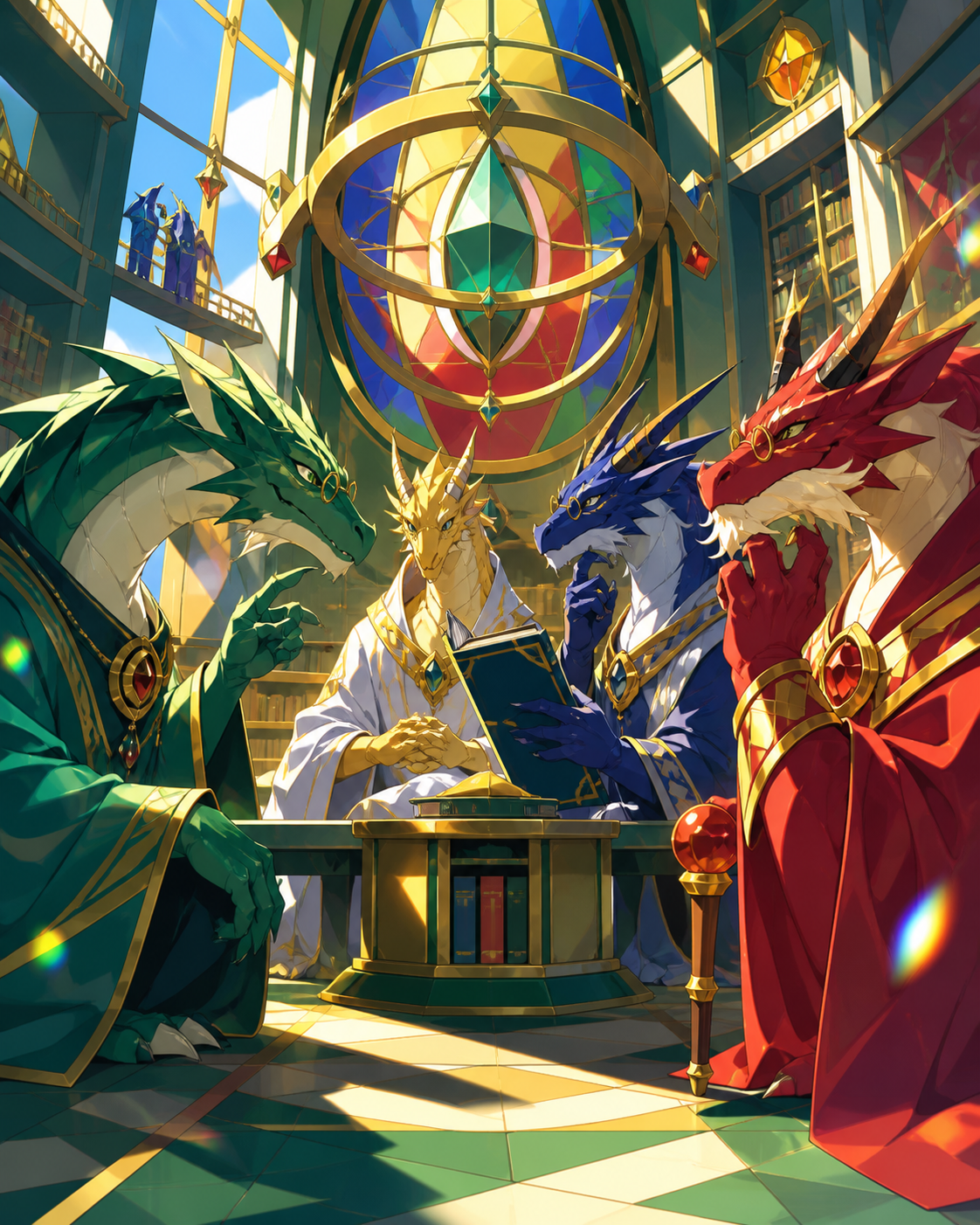 A council of elderly dragon librarians debating an overdue book, as a minor civic problem brings several personalities together. Street-level view immersed in the society's everyday architecture. Emerald, stained-glass r