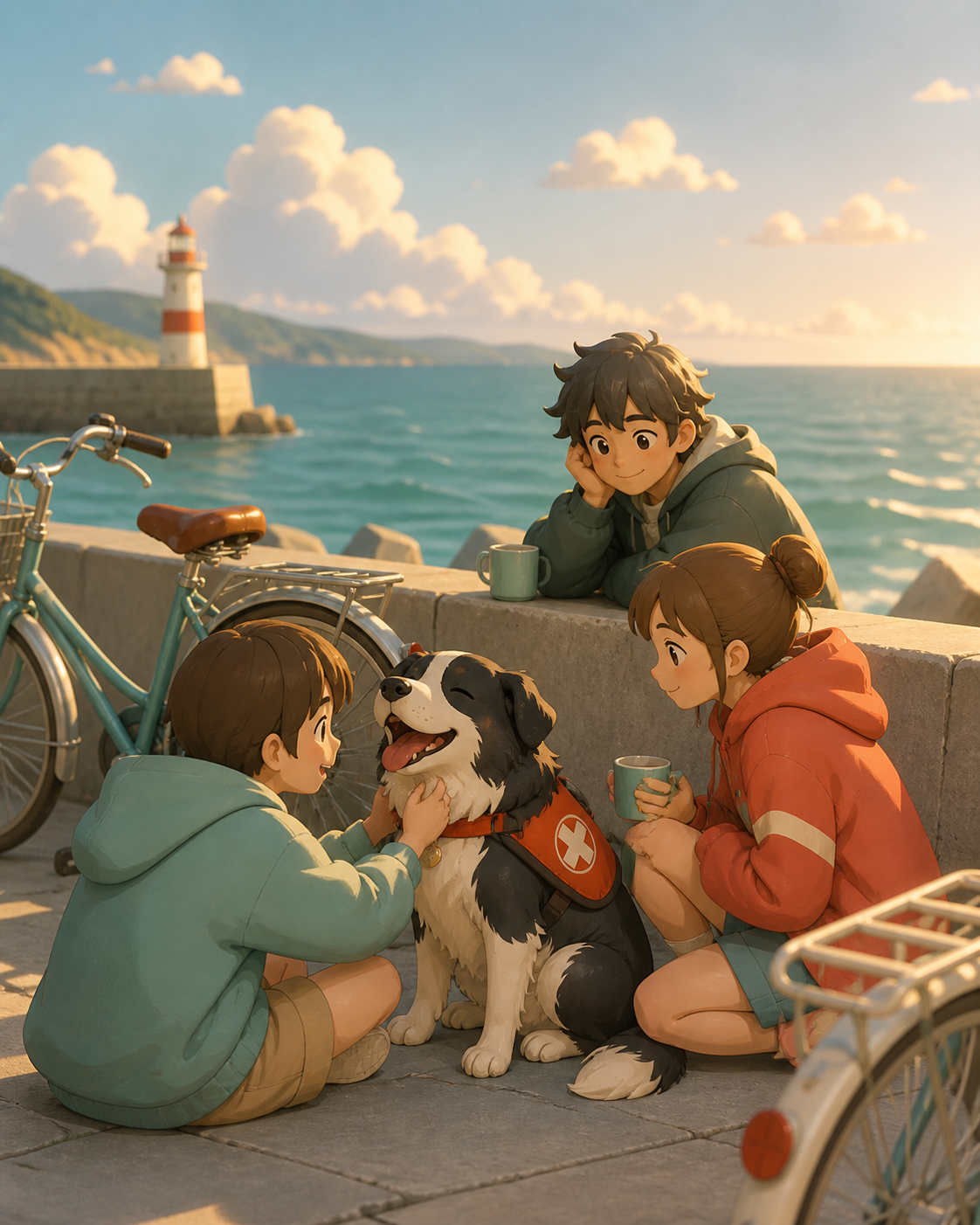 A coastal rescue dog enjoying its first day off in months, during a bright relaxed day built around companionship and place. Intimate group scene framed by broad water and sky zones. Sea-glass green, faded coral, storm g