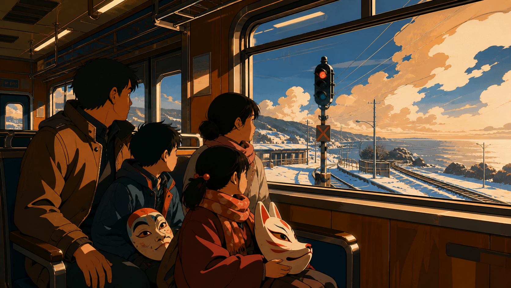 A family carrying festival masks onto the final train home, during a long golden evening with changing reflections on the windows. View across the carriage toward a large landscape-filled window. Amber, walnut brown, rai