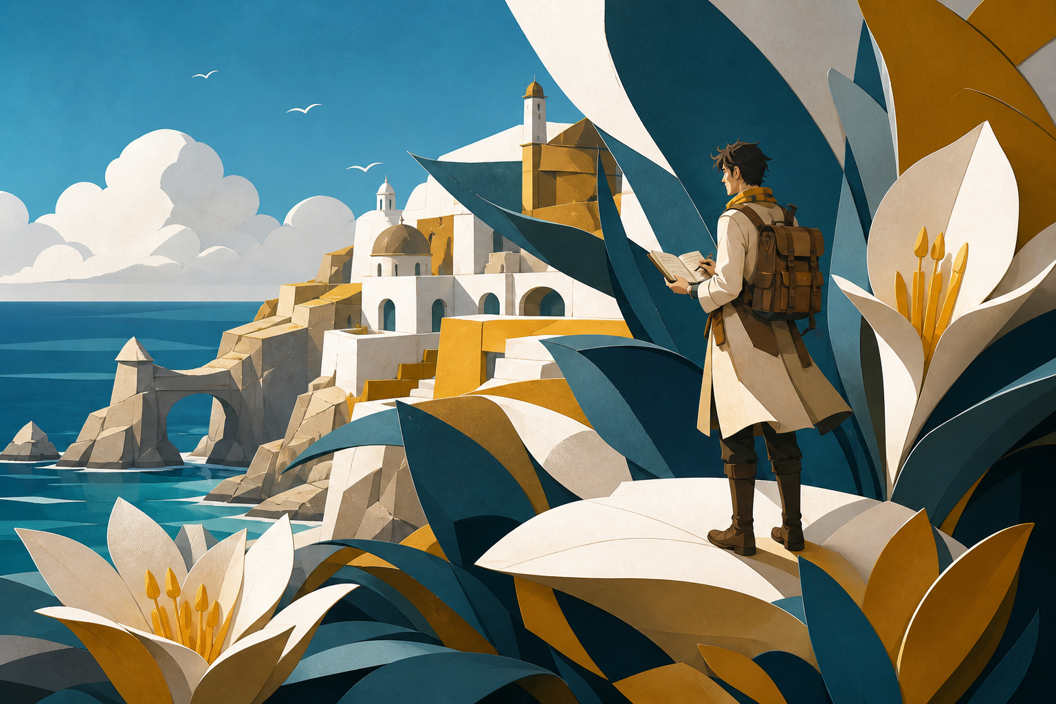 An adult naturalist crossing an island of giant smooth flowering plants, during careful exploration centered on observation rather than conquest. Elevated coastal composition balancing settlement, water, and landmark. Sa
