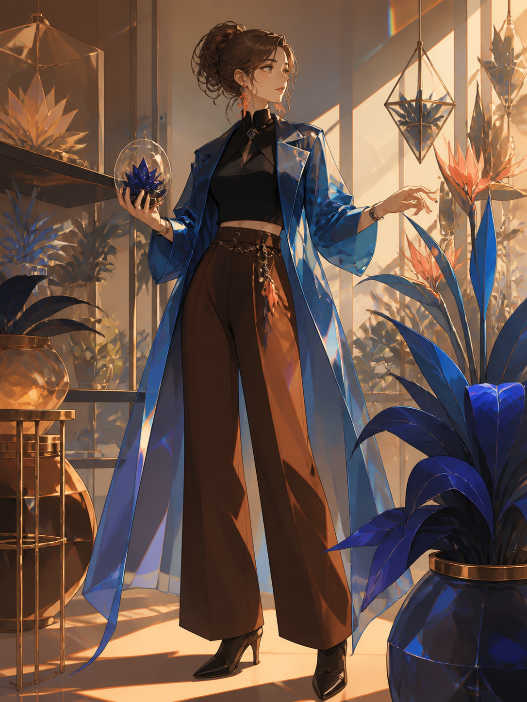 An adult woman florist who quietly cultivates supernatural plants, looking just outside frame as an unexpected visitor arrives. Confident full-body editorial portrait with a strong graphic silhouette. Amber, walnut brown