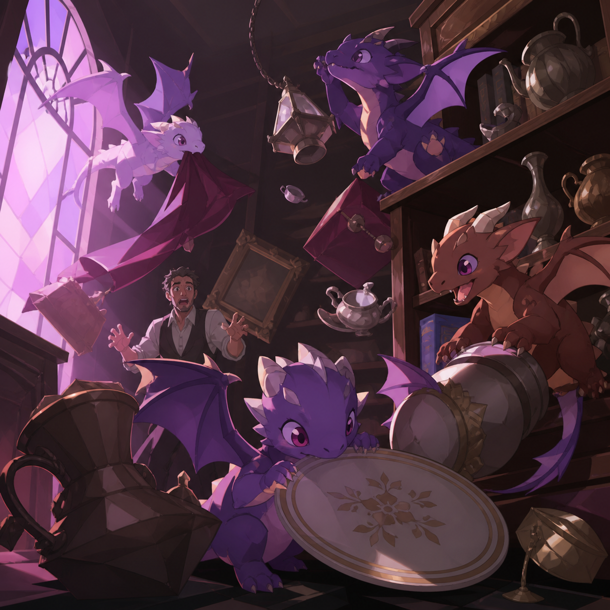 Newly hatched pocket dragons turning a quiet antique shop upside down, caught immediately before their elaborate plan obviously fails. Ensemble comedy tableau with several connected visual jokes. Acid lime, ultraviolet, 