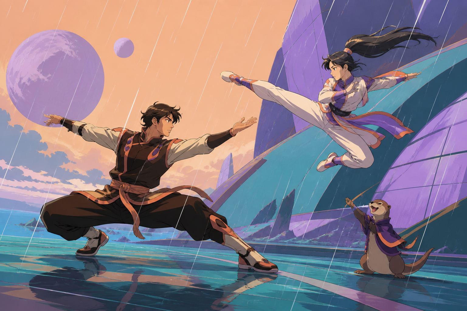 Two martial artists performing a ceremonial exhibition in heavy rain, frozen at the instant of greatest balance and momentum. Bold diagonal action composition with ample space ahead of the movement. Apricot, orchid purpl