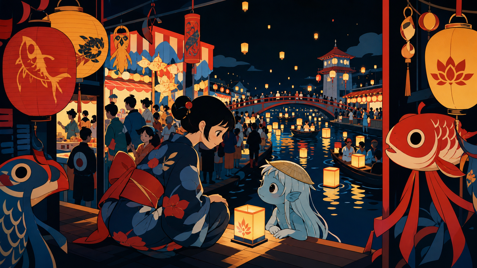 A river lantern festival attended by humans and shy water spirits, shown at its busiest while one quiet interaction anchors the scene. Layered festival tableau framed by decorations close to the viewer. Pine black, snow 
