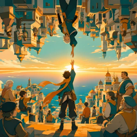 Two towns built on opposite sides of the same sky, at sunrise illuminating both worlds from a shared horizon. Character-level composition at the exact gravity transition. Saffron, 