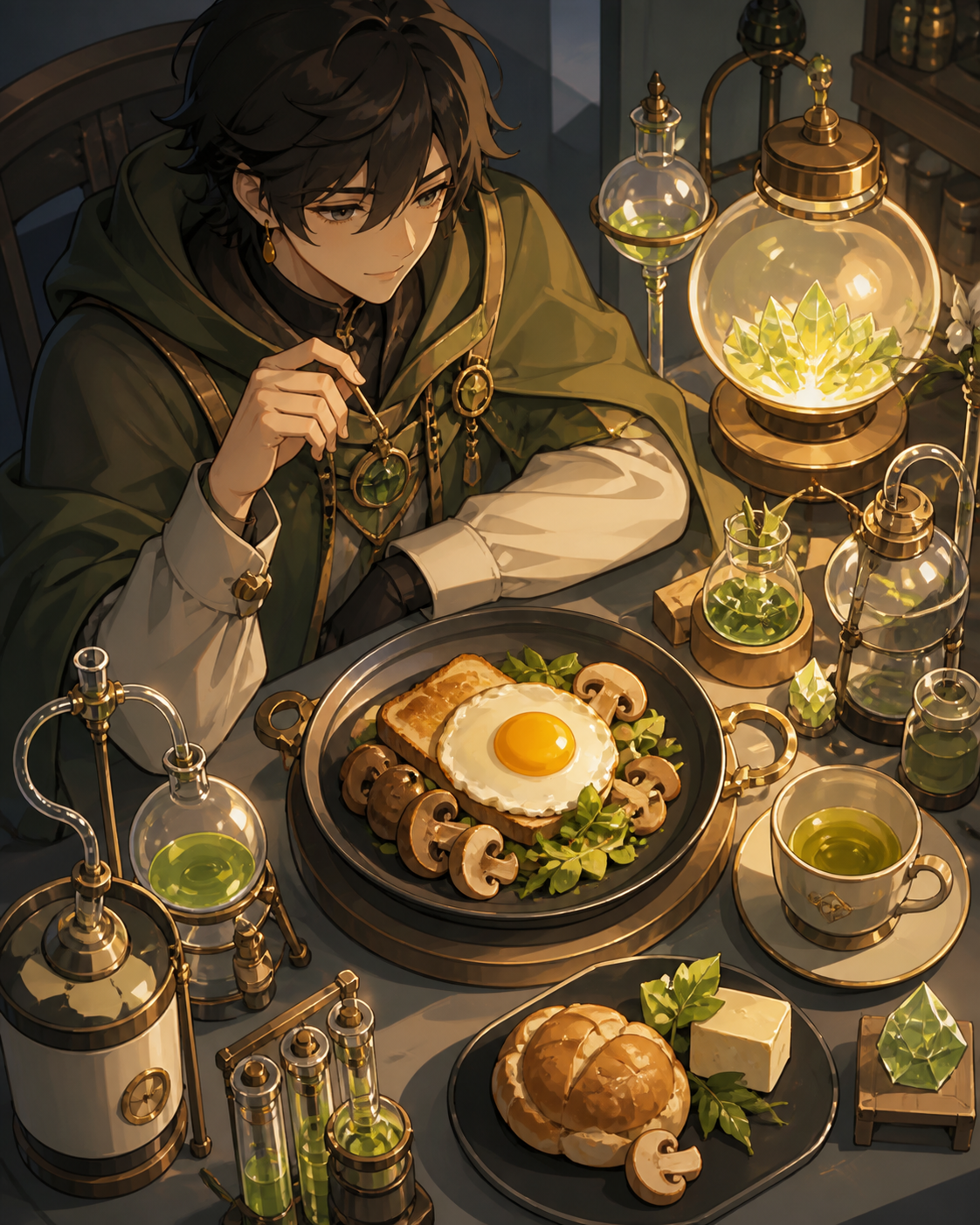 A traveling alchemist's breakfast arranged among curious glass instruments, lit for a magical late-night café menu without any written text. Carefully composed tabletop still life viewed slightly from above. Moss green, 