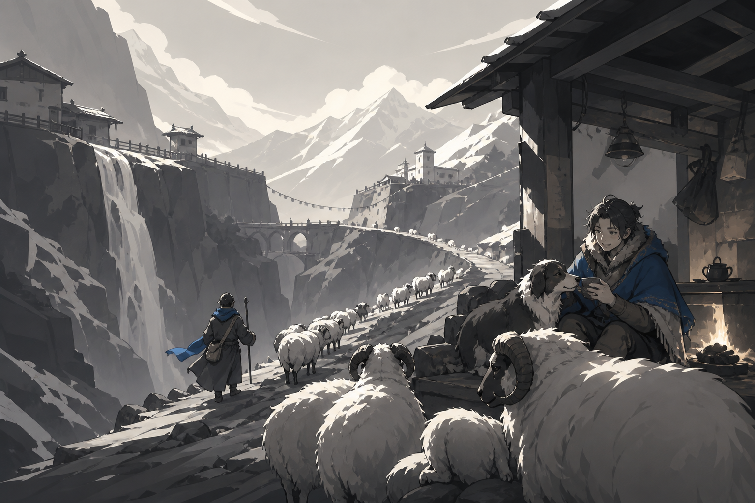 A shepherd guiding bright woolly animals across a narrow green valley, during a rest stop that emphasizes scale and companionship. Elevated route composition connecting several altitude levels. Soft monochrome with a sin