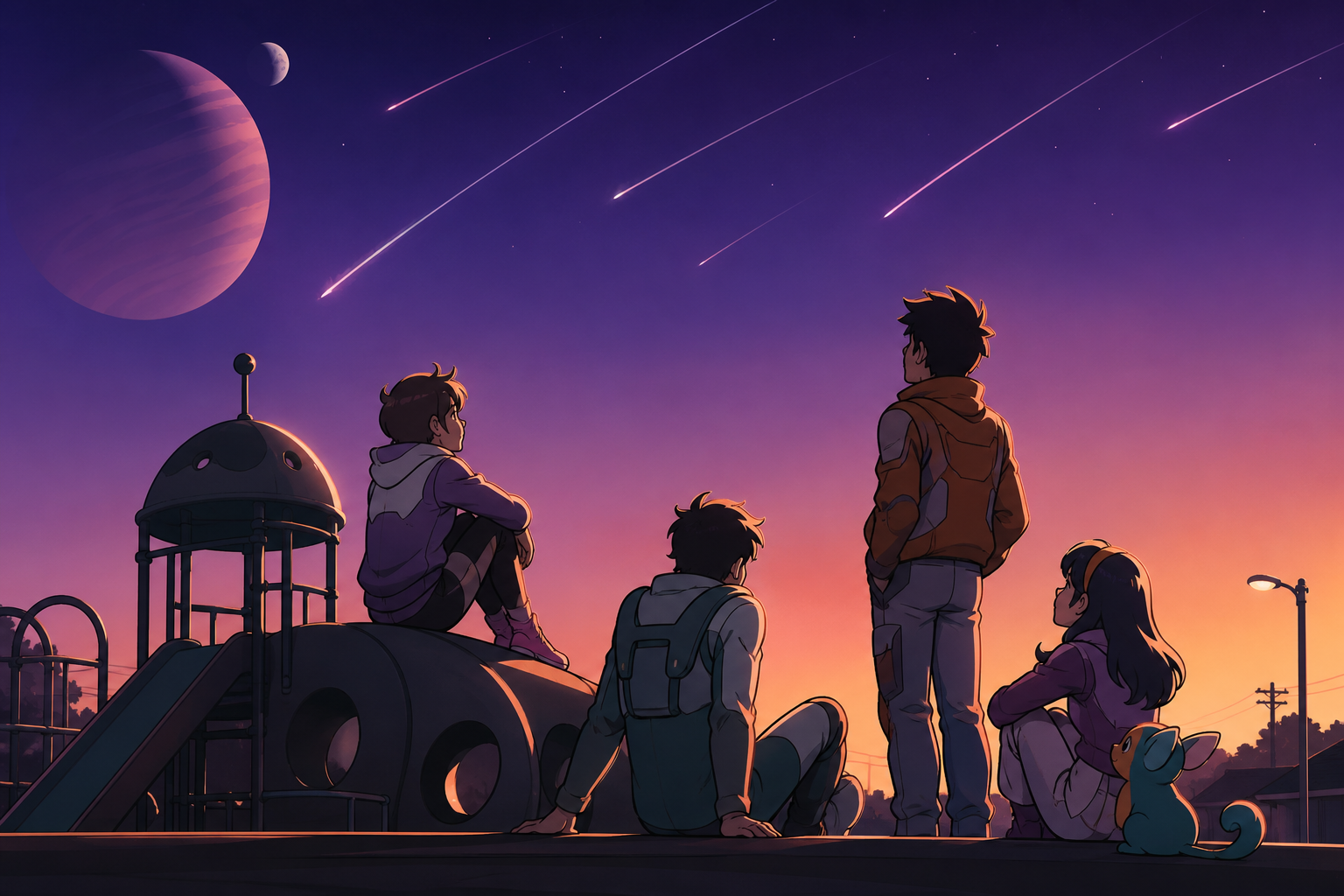 Friends watching a meteor shower from a neighborhood playground, on the final evening of a familiar season. Observational side view that feels candid rather than posed. Apricot, orchid purple, pool turquoise, and deep es