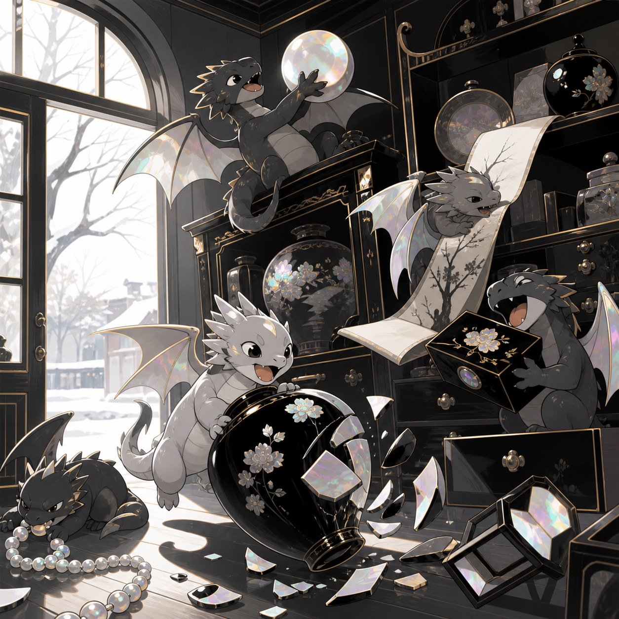 Newly hatched pocket dragons turning a quiet antique shop upside down, working together with tremendous confidence and very little competence. Wide action frame centered on one beautifully timed harmless catastrophe. Mon