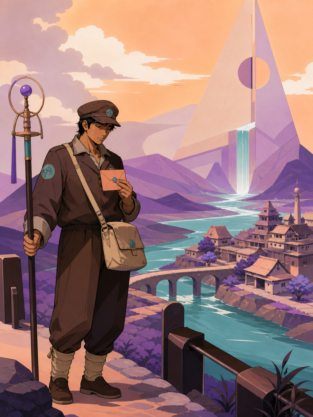 A river deity disguised as a tired rural mail carrier, at the edge of a village that appears only once every ten years. Balanced ensemble composition with one strong focal action. Apricot, orchid purple, pool turquoise, 