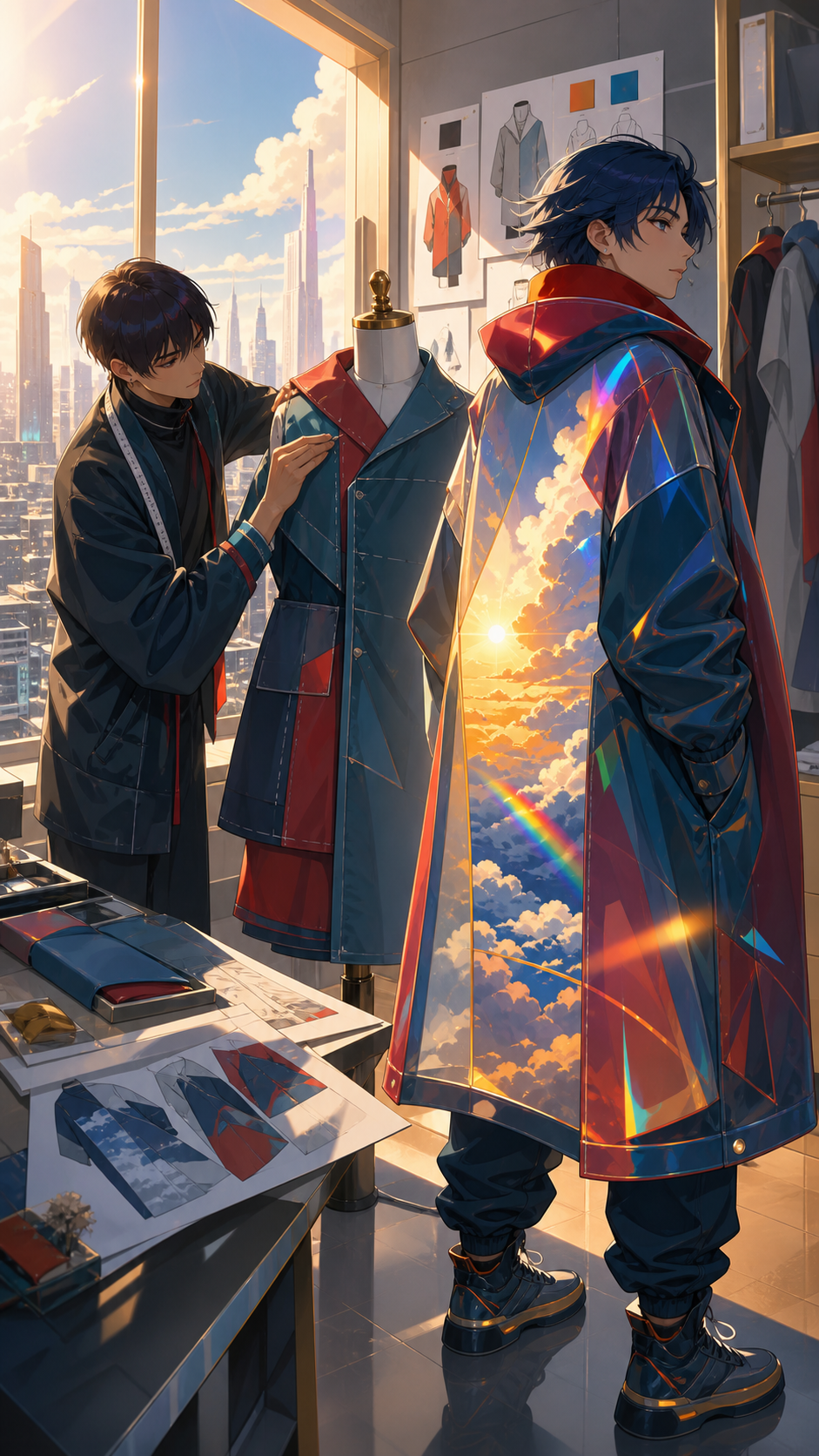 A tailor creating a coat that displays the wearer's favorite weather, during candid preparation rather than a formal runway pose. Candid studio view showing design process and finished clothing together. Petrol blue, oxi