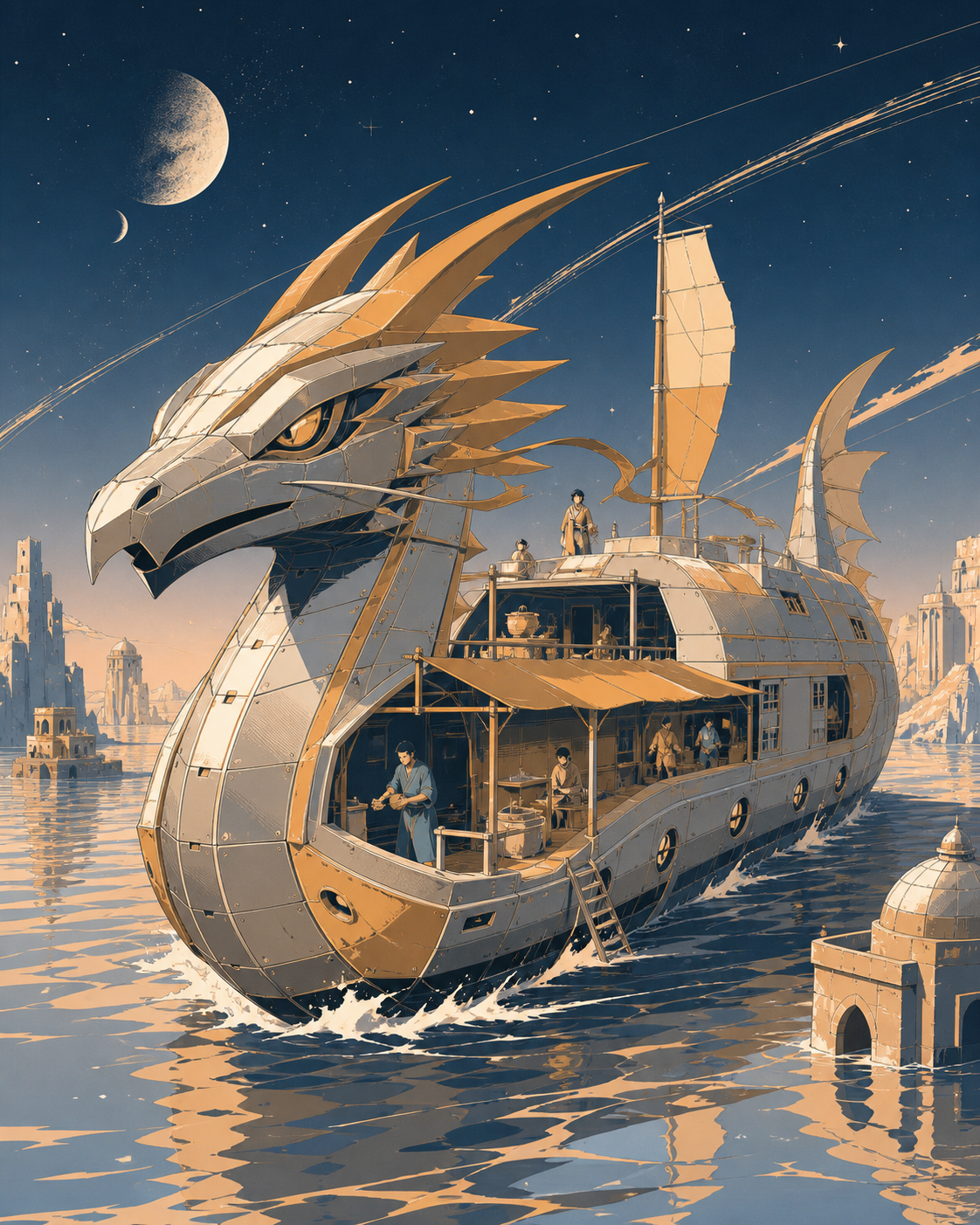 A dragon-shaped riverboat transporting travelers through a flooded kingdom, mid-journey with passengers revealing how the vehicle is actually lived in. Grand three-quarter vehicle view embedded naturally in its route. Su