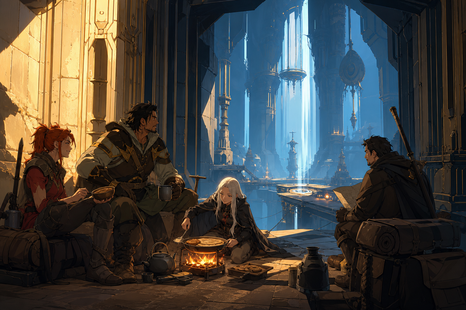 An adult adventuring party cooking breakfast outside a sealed ancient vault, at the first reveal of a spectacular unexplored chamber. Wide party tableau that makes the environment feel explorable. Amber, walnut brown, ra