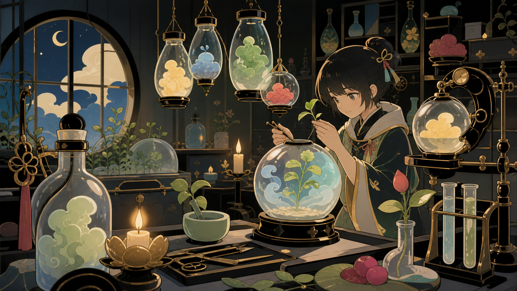 A botanical laboratory where bottled weather feeds rare seedlings, after hours when unfinished creations quietly become active. Close observational composition layered with tools in foreground and active work behind. Sof