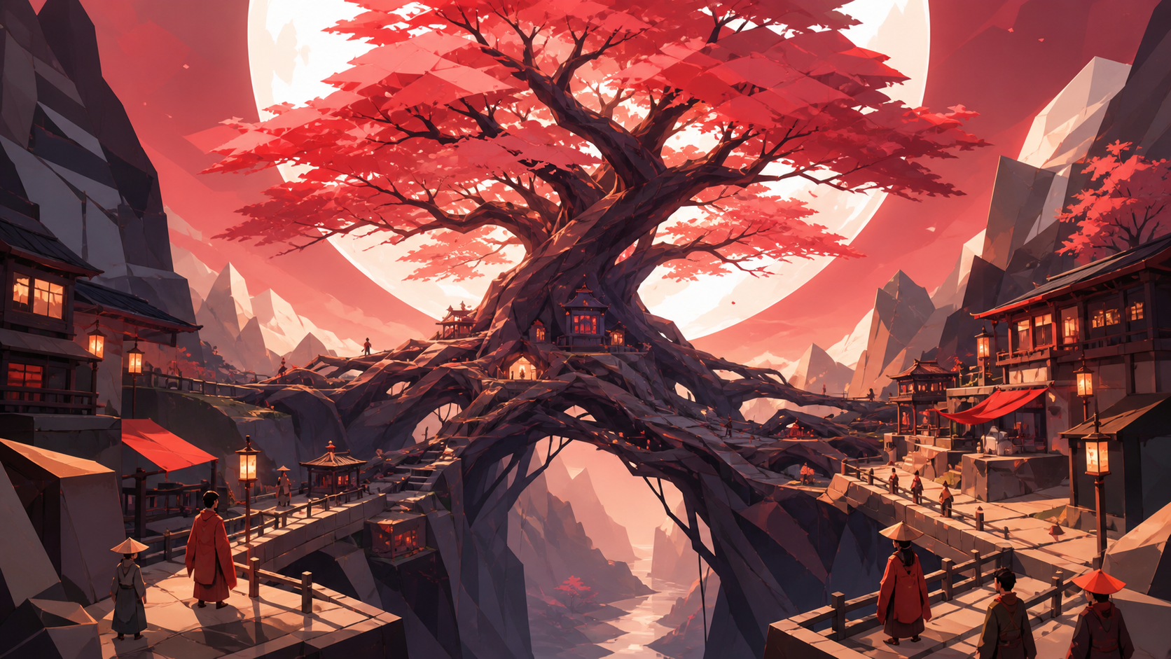 An ancient cherry tree whose roots bridge two mountain communities, as communities carry out ordinary daily life around the landmark. Vertical hero view showing the full tree from roots to crown. Crimson, black cherry, m