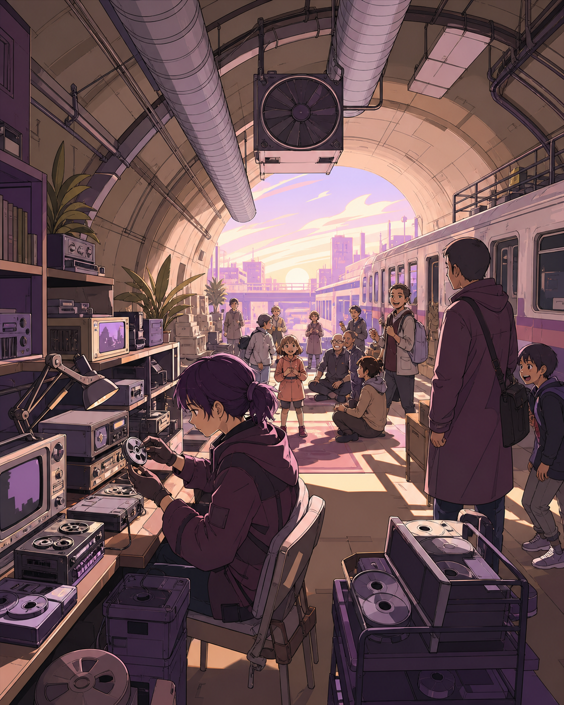 A quiet hacker repairing obsolete family recordings for local residents, as visitors discover the space for the first time. Long tunnel perspective opening into a bright social space. Mulberry, tea brown, tarnished silve