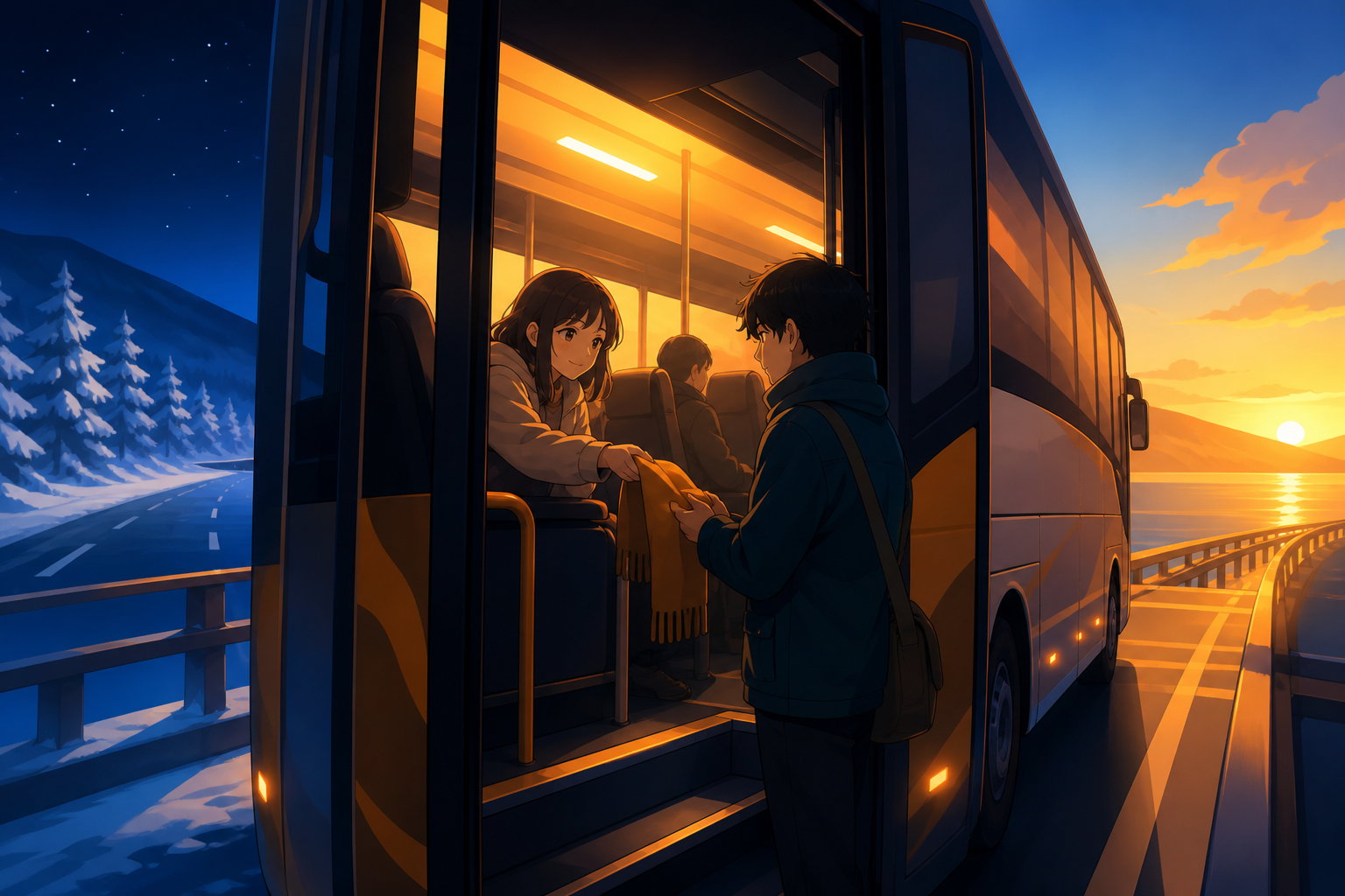 An overnight bus crossing a bridge that briefly passes through another season, centered on a small interaction among people who may never meet again. Platform view framing an intimate moment through open vehicle doors. S