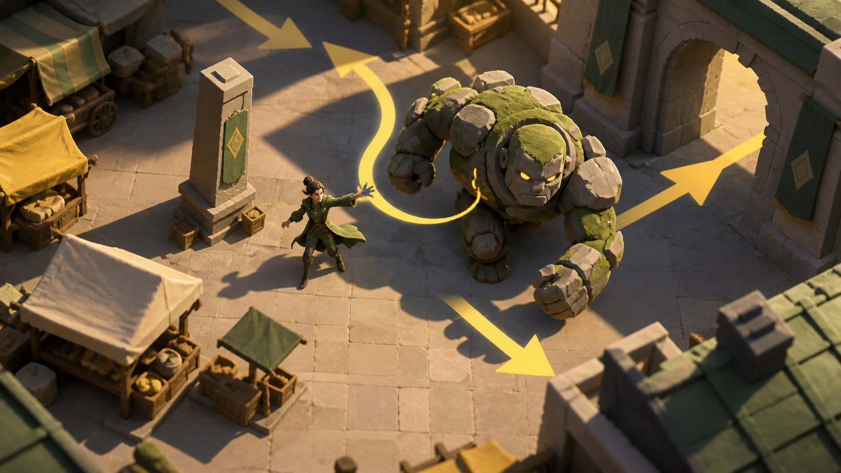 A rescue mage steering a runaway stone beast through an empty market square, shown through skillful movement and environmental interaction. Overhead tactical composition showing objective, obstacle, and escape route. Mos