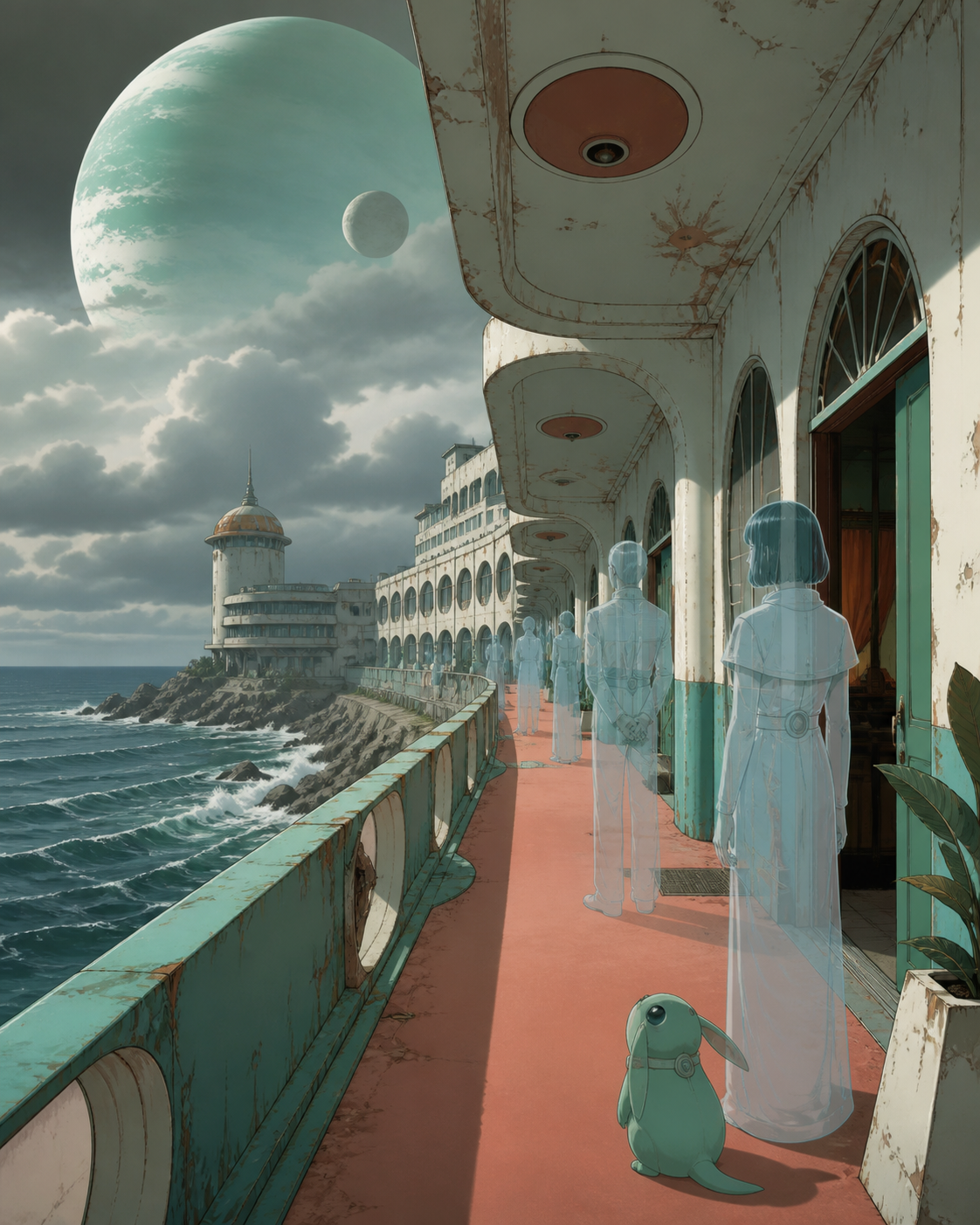 A seaside hotel where translucent guests patiently wait for sunrise, shown at the uneasy instant when something impossible becomes noticeable. Suspenseful deep-perspective composition with the threat implied rather than 
