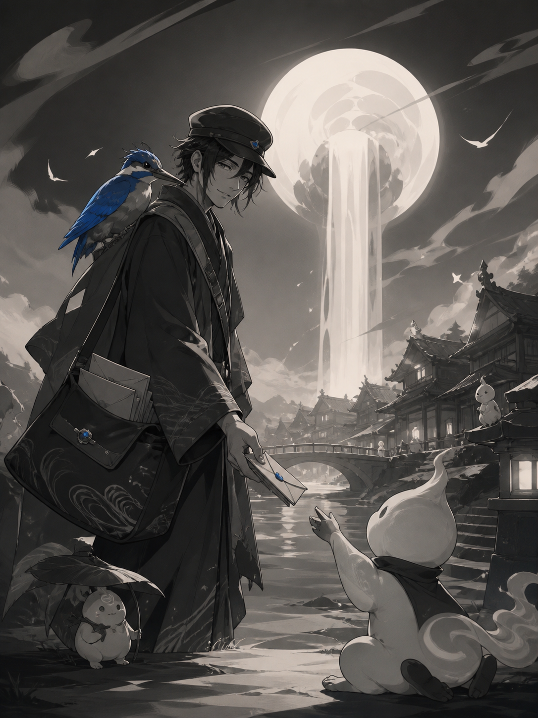 A river deity disguised as a tired rural mail carrier, at the edge of a village that appears only once every ten years. Storybook narrative scene with a clear beginning and implied aftermath. Soft monochrome with a singl