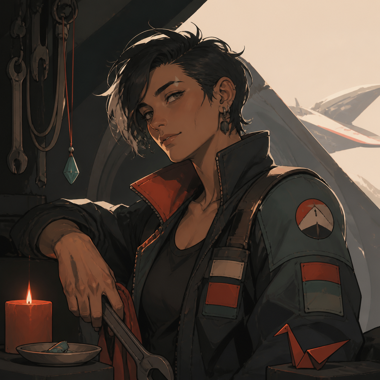An adult nonbinary spacecraft mechanic wearing a patched flight jacket, surrounded by a few objects that quietly reveal their history. Intimate waist-up portrait with unusual negative space and environmental context. Ver