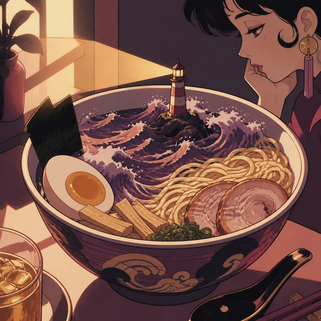 A midnight ramen bowl containing a tiny stormy ocean and lighthouse, lit for a magical late-night café menu without any written text. Intimate close-up with shallow depth and layered foreground details. Muted rose, parch