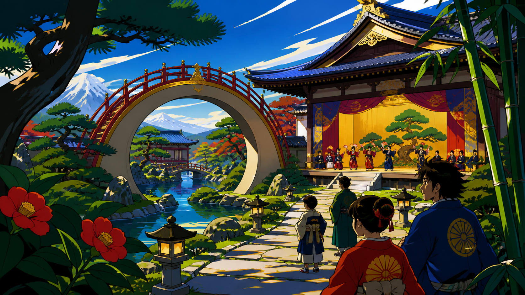 A Japanese strolling garden arranged around a moon-shaped bridge, during a celebration that uses the landscape itself as the stage. Wide designed-landscape view with a clear path through several garden rooms. Emerald, st