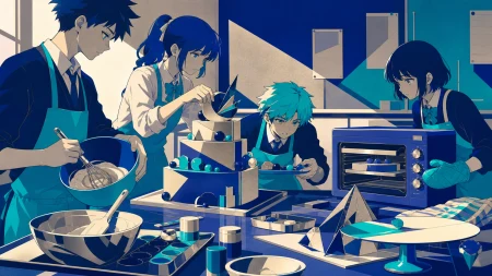 A cooking club attempting an elaborate dessert with one tiny oven, during the final practice before a small public presentation. Table-height view with hands, tools, and reactions 