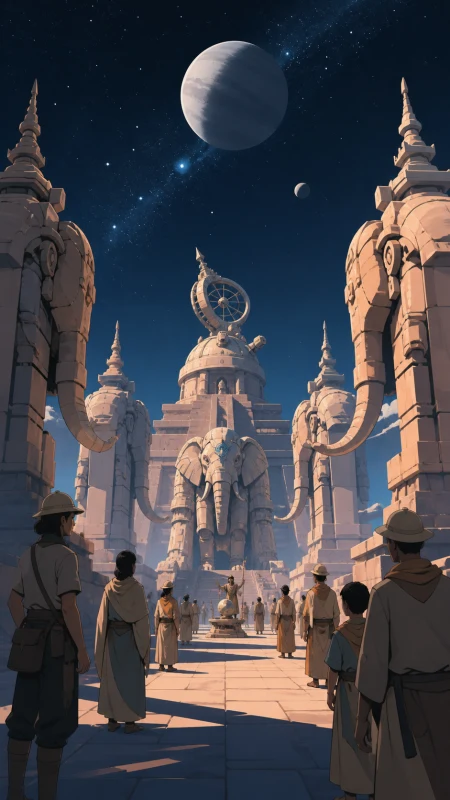 Archaeologists opening a jungle observatory aligned with an unknown planet, during a ceremony that suddenly becomes physically mythic. Formal causeway confrontation using repeated 