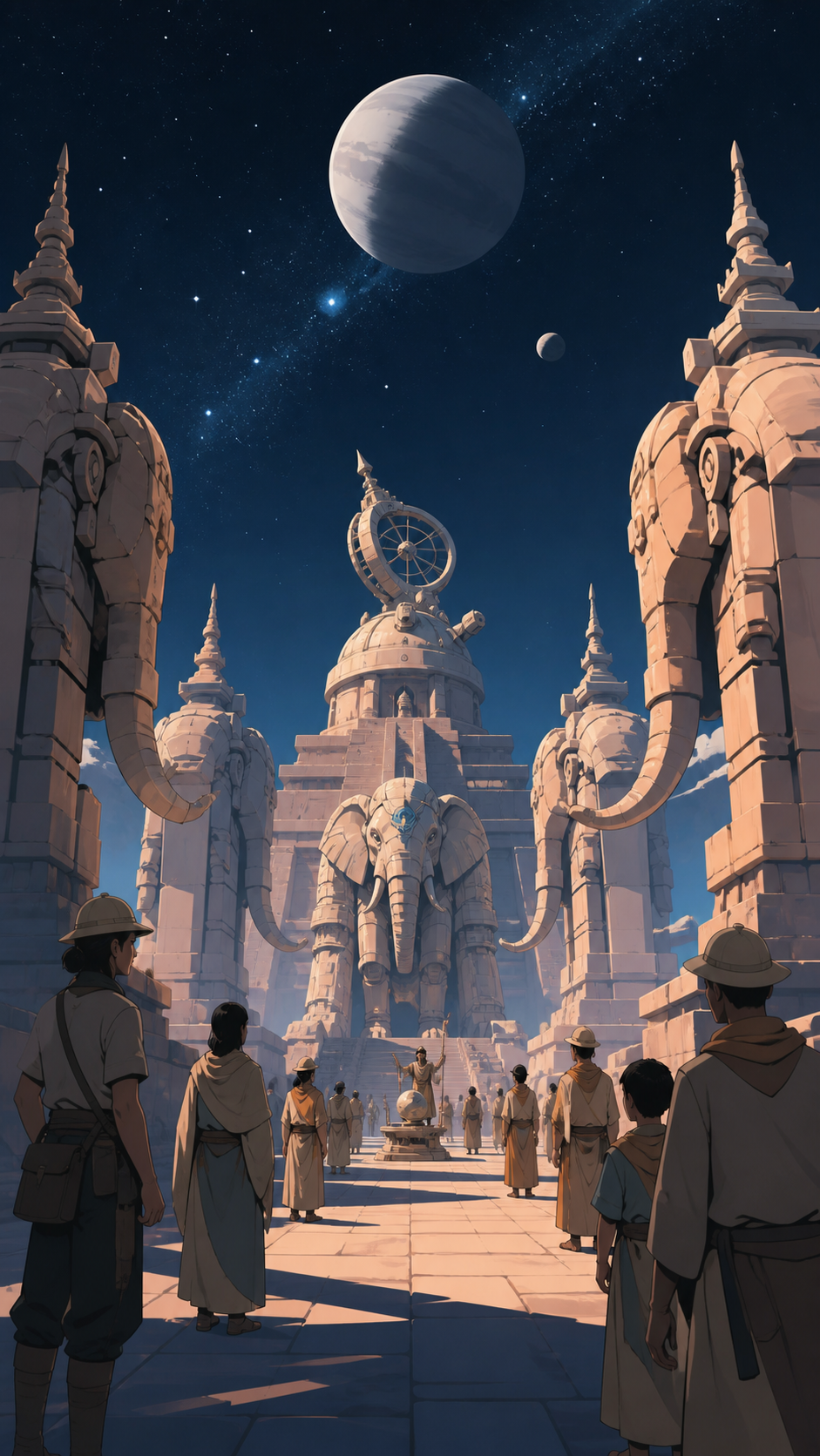 Archaeologists opening a jungle observatory aligned with an unknown planet, during a ceremony that suddenly becomes physically mythic. Formal causeway confrontation using repeated statues as broad framing shapes. Sun-ble