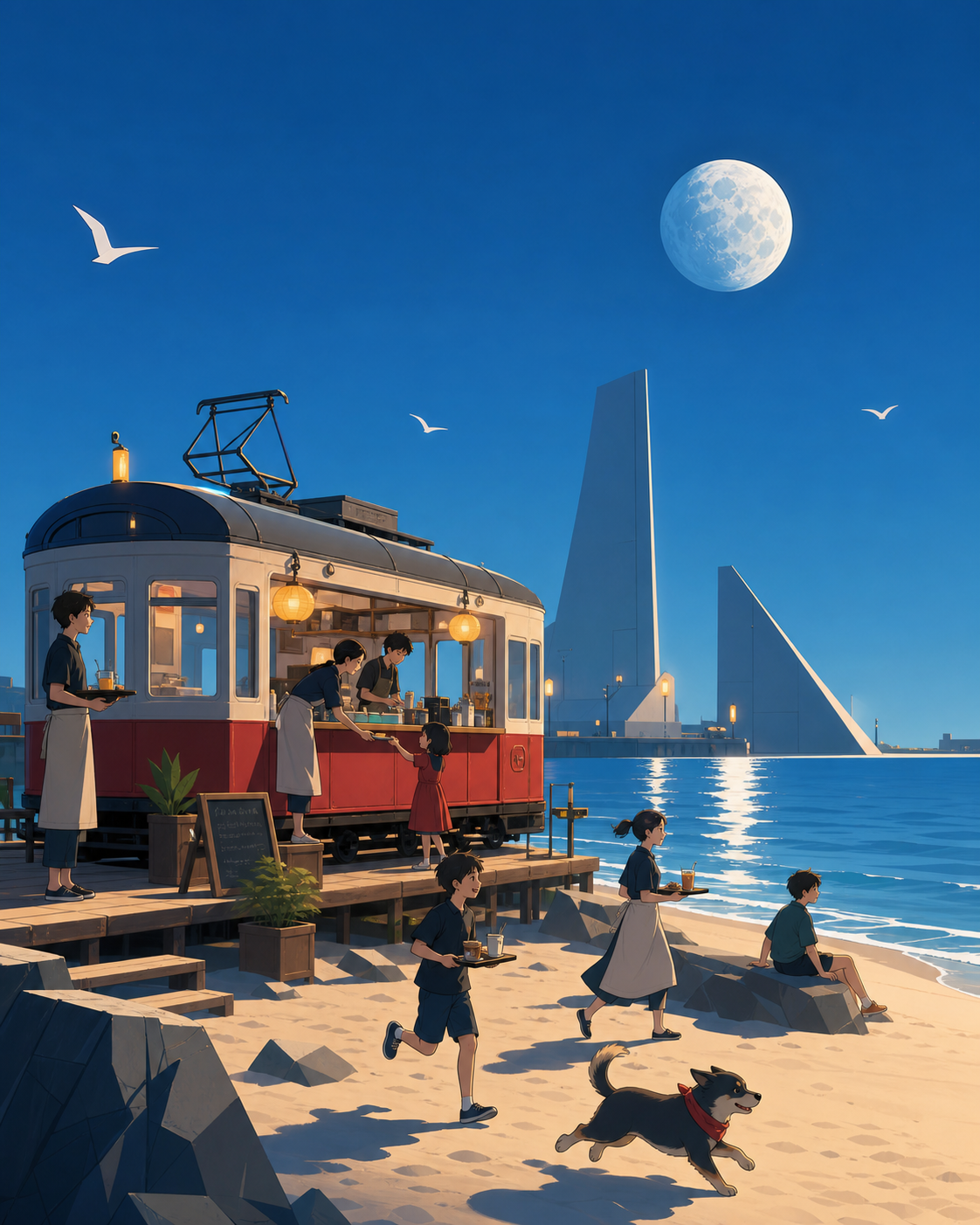 A family running a quiet seaside café from a converted tram, during a bright relaxed day built around companionship and place. Wide coastal frame with people distributed along a clear shoreline. Pine black, snow blue, ce