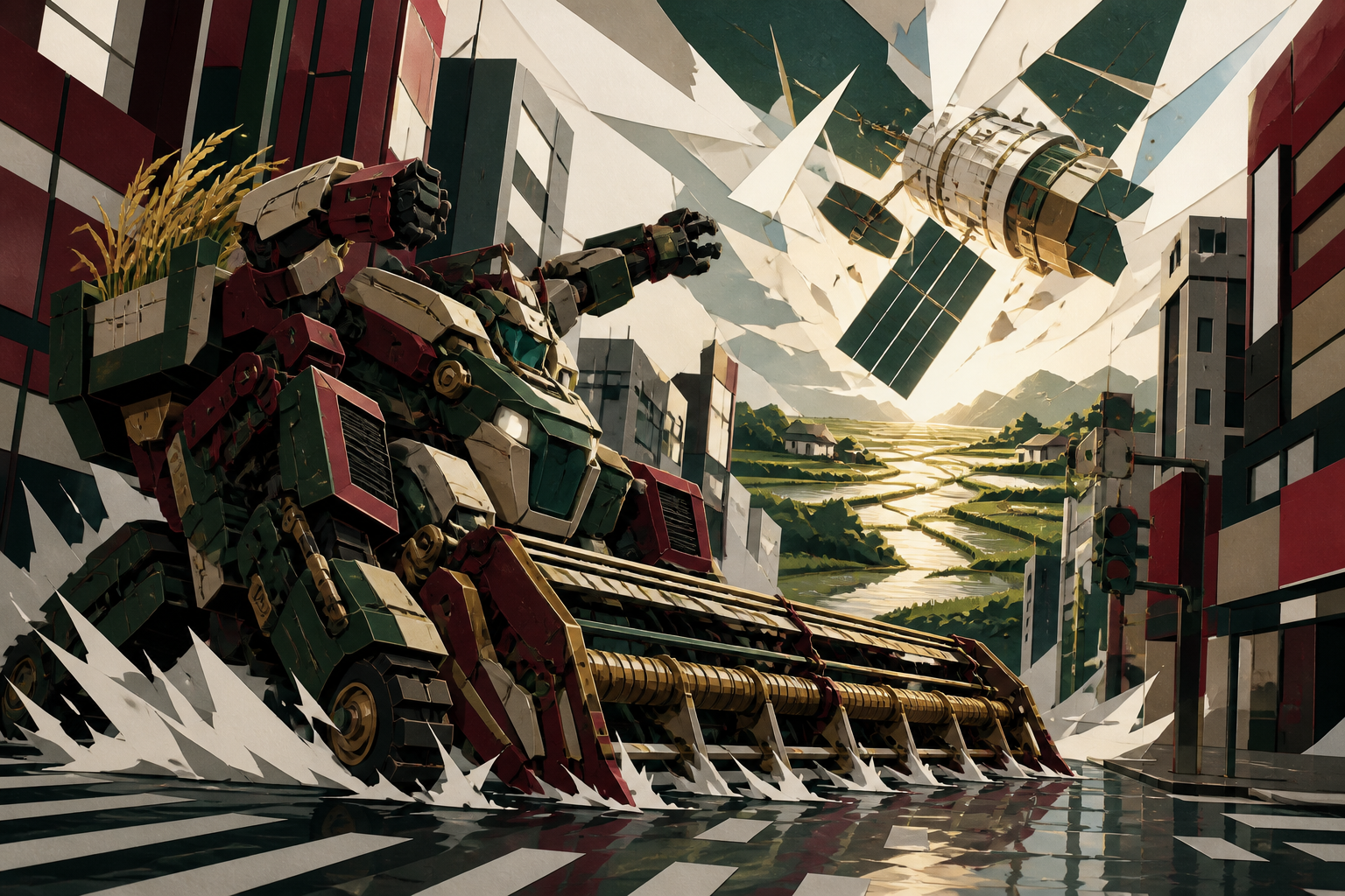 An agricultural mecha defending terraced rice fields from a falling satellite, skidding across a flooded megacity intersection during a decisive chase. Wide cinematic action tableau frozen at the clearest dramatic instan
