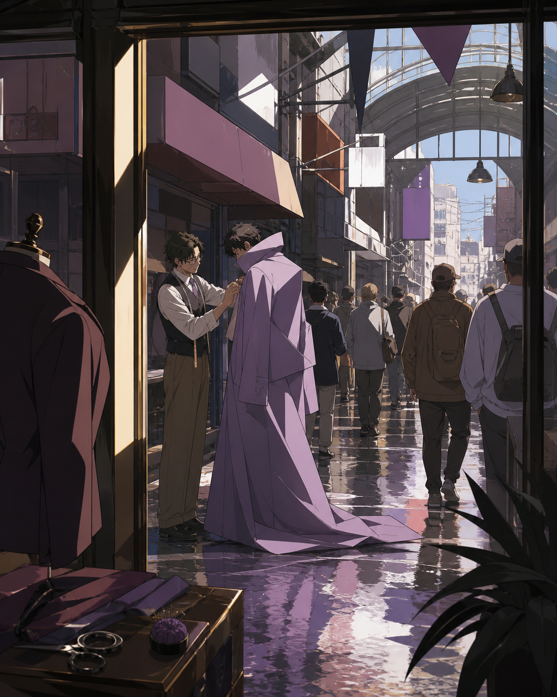 A tailor fitting an impossible coat in a crowded underground arcade, just after rain leaves every street reflecting a different color. Cinematic wide shot composed through windows, signs without readable text, and reflec