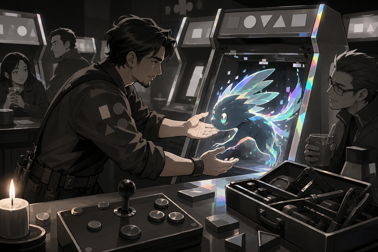 An adult arcade technician coaxing a lost digital creature back into its cabinet, with regular customers treating the impossible feature as normal. Close counter scene with equipment creating strong foreground shapes. Mo