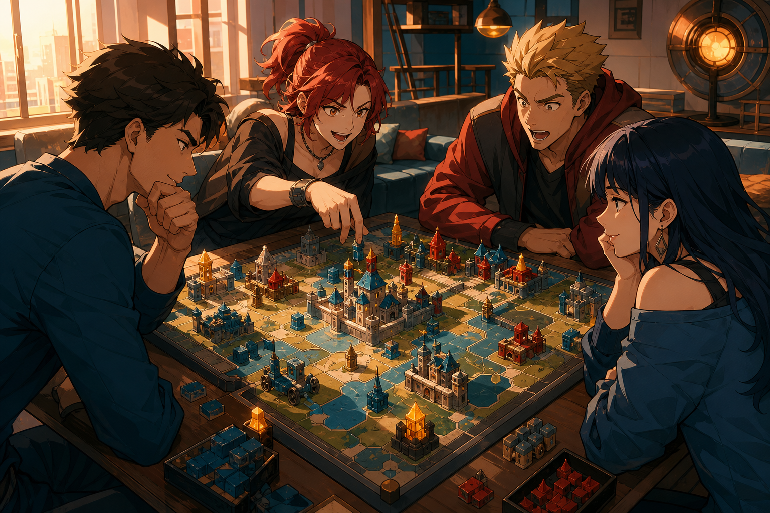 Adult friends playing a strategy board game whose pieces build a tiny moving kingdom, during a competitive but affectionate turning point. Overhead-leaning social composition centered on one decisive move. Petrol blue, o