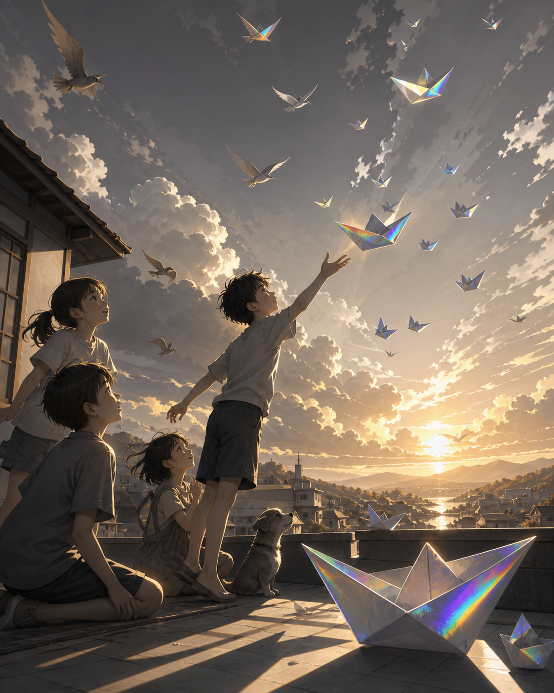 Children launching paper boats that sail upward into the evening sky, at the instant make-believe and reality overlap without danger. Wide storybook composition connecting play space and imagined world. Monochrome graphi