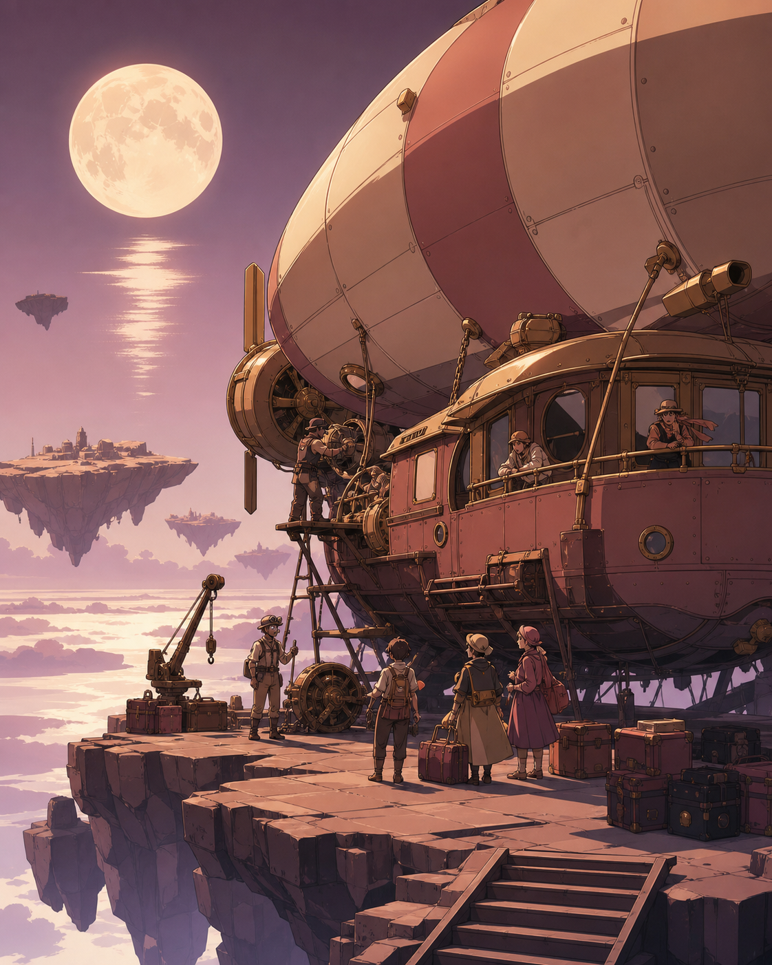 A weather-beaten airship ferry serving remote floating islands, undergoing a small roadside repair in a vast unfamiliar landscape. Wide travel-poster composition without typography, emphasizing destination and scale. Mut